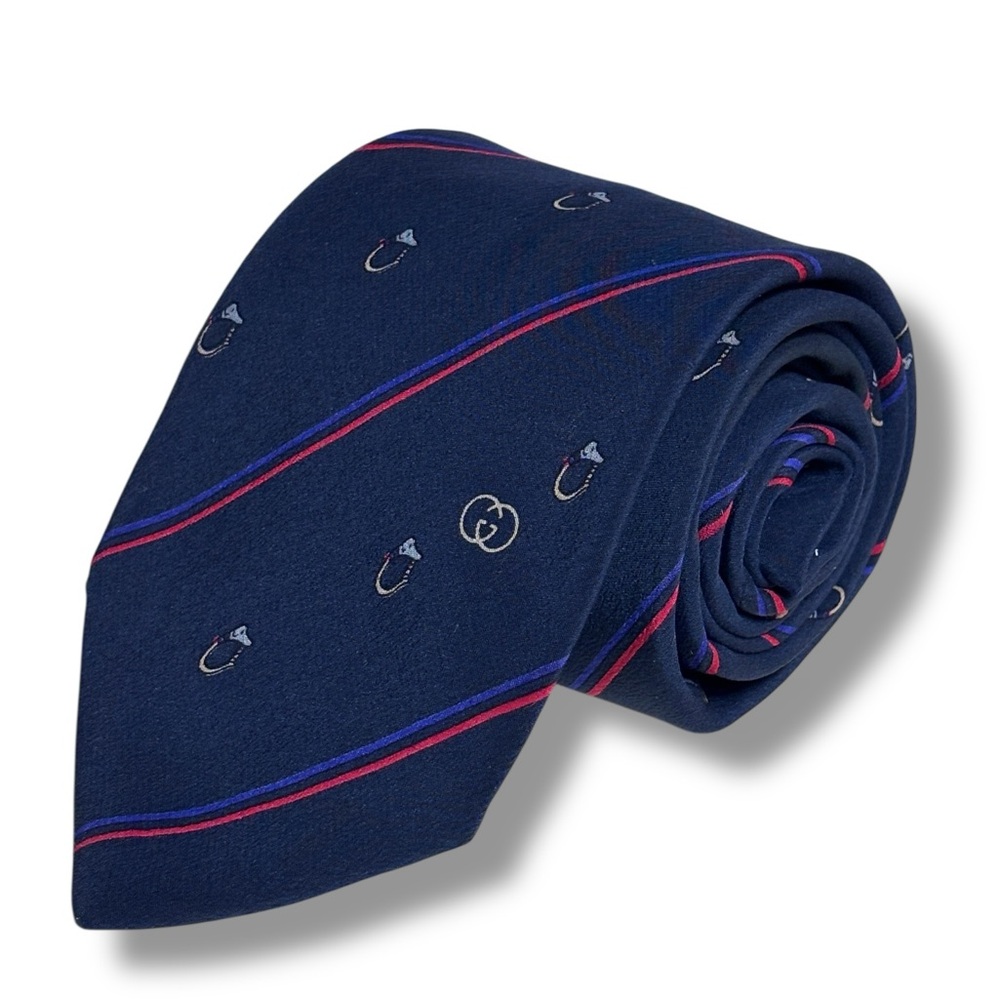 GUCCI Navy Silk Tie with Stripes & Circle Bit Pattern VINTAGE